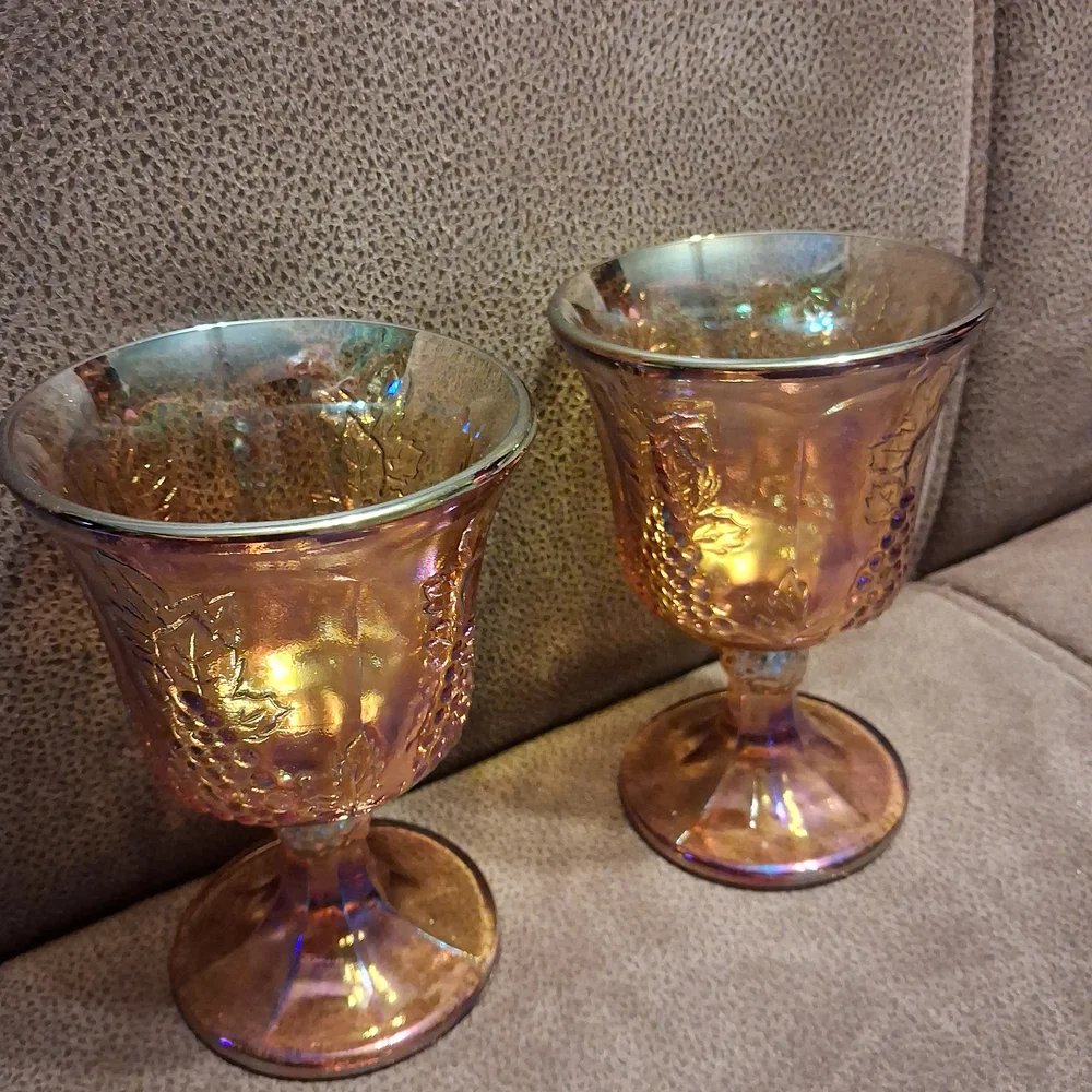 1970s Indiana Glass Iridescent Amber Grape Pattern Goblets